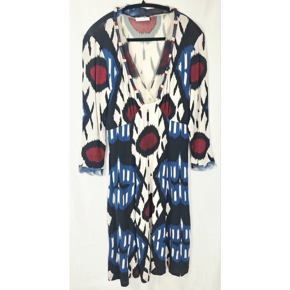 Pollini Italy Women Blue Red Ikat Geometric V-Neck Empire Midi Dress IT 46 US 12
